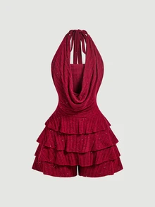 SHEIN MOD Women's Solid Color Sequin Draped Neck Multi-Layer Ruffle Jumpsuit,Autumn Clothes,Holiday Outfits For Women,Chic Dress,Christmas,Halloween, New Year - Red - View 4