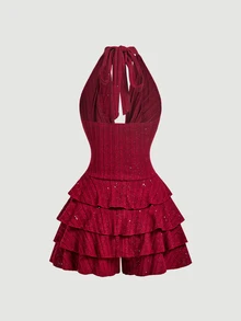 SHEIN MOD Women's Solid Color Sequin Draped Neck Multi-Layer Ruffle Jumpsuit,Autumn Clothes,Holiday Outfits For Women,Chic Dress,Christmas,Halloween, New Year - Red - View 5