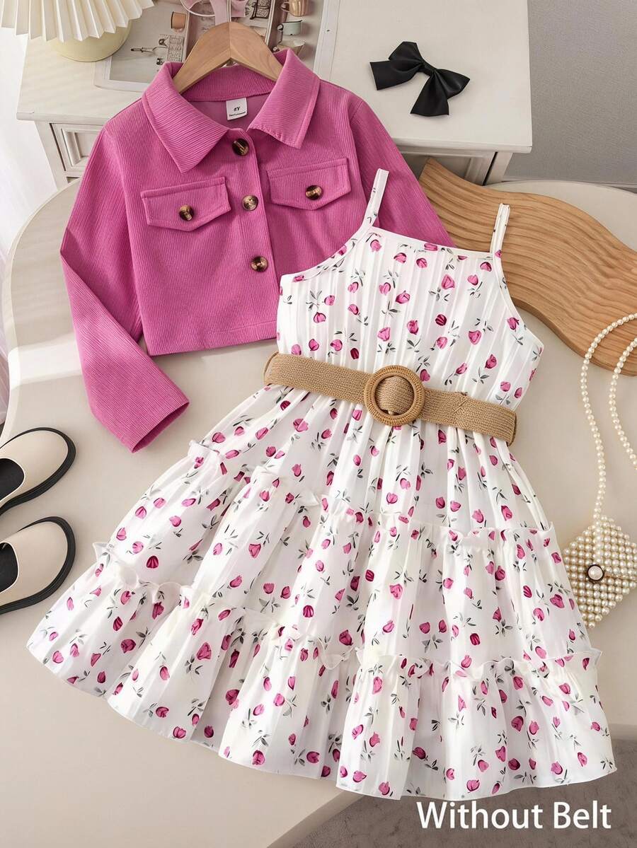 SHEIN 女童時尚西裝領長袖外套＋彈性腰 A 字層次花卉印花細肩帶洋裝 2 件套 嬰兒西式秋季白色