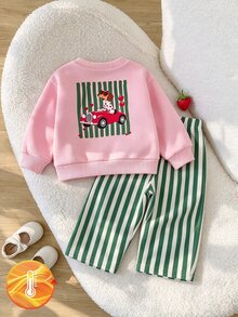SHEIN 2pcs Toddler Girl Sweatshirt Pants Cute Sweet Pink Green Dog Striped Print Long Sleeve Round Neck Regular Birthday Spring Holiday Unicorn Ribbed Cuff - Baby Pink - View 5