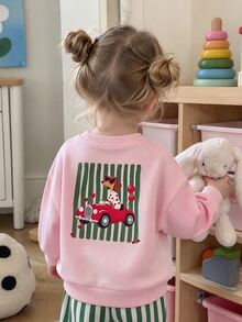 SHEIN 2pcs Toddler Girl Sweatshirt Pants Cute Sweet Pink Green Dog Striped Print Long Sleeve Round Neck Regular Birthday Spring Holiday Unicorn Ribbed Cuff - Baby Pink - View 1