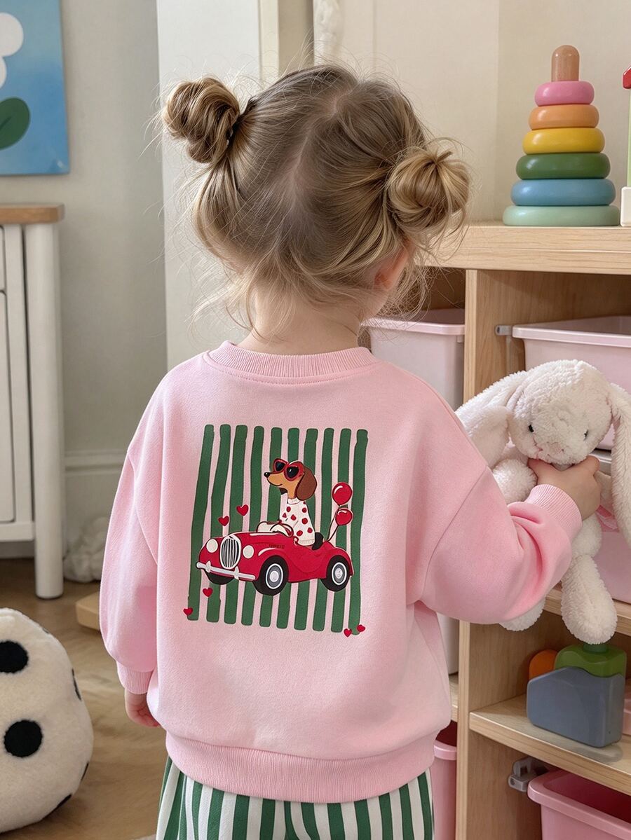 SHEIN 2pcs Toddler Girl Sweatshirt Pants Cute Sweet Pink Green Dog Striped Print Long Sleeve Round Neck Regular Birthday Spring Holiday Unicorn Ribbed Cuff - Baby Pink - View 1