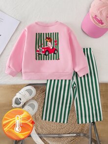 SHEIN 2pcs Toddler Girl Sweatshirt Pants Cute Sweet Pink Green Dog Striped Print Long Sleeve Round Neck Regular Birthday Spring Holiday Unicorn Ribbed Cuff - Baby Pink - View 2