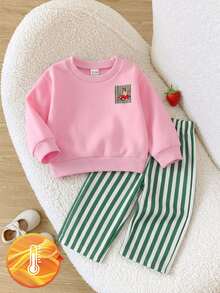 SHEIN 2pcs Toddler Girl Sweatshirt Pants Cute Sweet Pink Green Dog Striped Print Long Sleeve Round Neck Regular Birthday Spring Holiday Unicorn Ribbed Cuff - Baby Pink - View 6