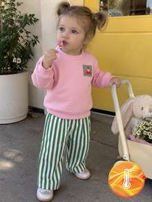 SHEIN 2pcs Toddler Girl Sweatshirt Pants Cute Sweet Pink Green Dog Striped Print Long Sleeve Round Neck Regular Birthday Spring Holiday Unicorn Ribbed Cuff - Baby Pink - View 3