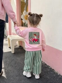 SHEIN 2pcs Toddler Girl Sweatshirt Pants Cute Sweet Pink Green Dog Striped Print Long Sleeve Round Neck Regular Birthday Spring Holiday Unicorn Ribbed Cuff - Baby Pink - View 4