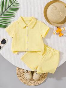 SHEIN Textured Shirt And Shorts Street Fashion Toddler Baby Boy 2pcs Outfit Set - Yellow - View 8