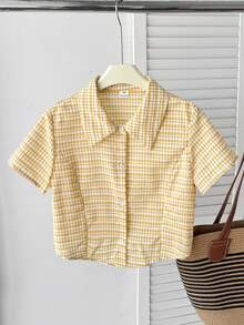 Firerie Kids Firerie Kids Tween Girl Casual Commute Plaid Woven Short Sleeve Shirt Top - Yellow - View 7