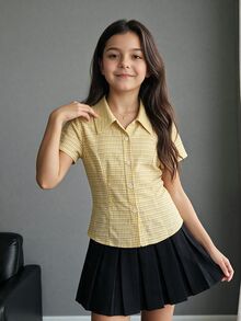 Firerie Kids Firerie Kids Tween Girl Casual Commute Plaid Woven Short Sleeve Shirt Top - Yellow - View 2