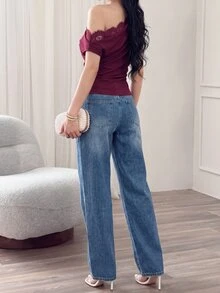 Modelyn 女款蕾絲拼接不對稱肩抓皺時尚百搭日常穿搭上衣 - 酒紅色 - 查看 2