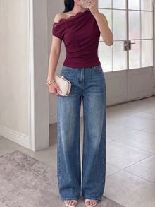 Modelyn 女款蕾絲拼接不對稱肩抓皺時尚百搭日常穿搭上衣 - 酒紅色 - 查看 3
