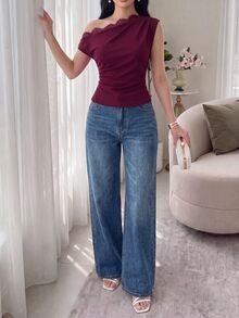 Modelyn 女款蕾絲拼接不對稱肩抓皺時尚百搭日常穿搭上衣 - 酒紅色 - 查看 5