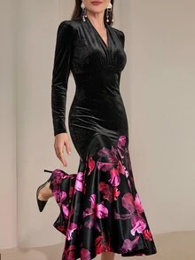 Modelyn Women Elegant Floral Print V-Neck Fishtail Hem Fitted Korean Velvet Dress Long Evening Dresses - Black - View 6