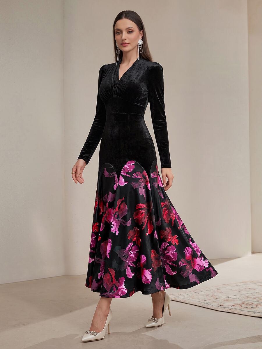 Modelyn Women Elegant Floral Print V-Neck Fishtail Hem Fitted Korean Velvet Dress Long Evening Dresses - Black - View 1