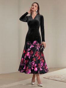 Modelyn Women Elegant Floral Print V-Neck Fishtail Hem Fitted Korean Velvet Dress Long Evening Dresses - Black - View 5