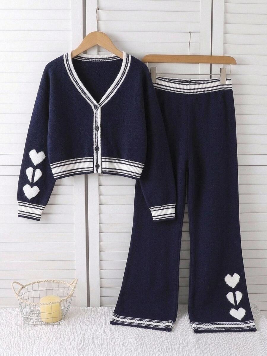 Tween Girl Fashionable Minimalist Cute Striped Heart Pattern Knit Cardigan And Knit Pants Set School Family Matching Fall - Navy Blue - View 1