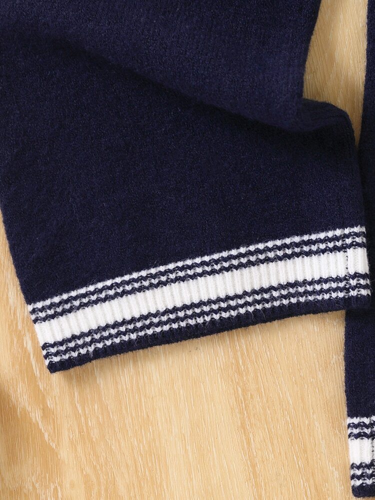 Tween Girl Fashionable Minimalist Cute Striped Heart Pattern Knit Cardigan And Knit Pants Set School Family Matching Fall - Navy Blue - View 4