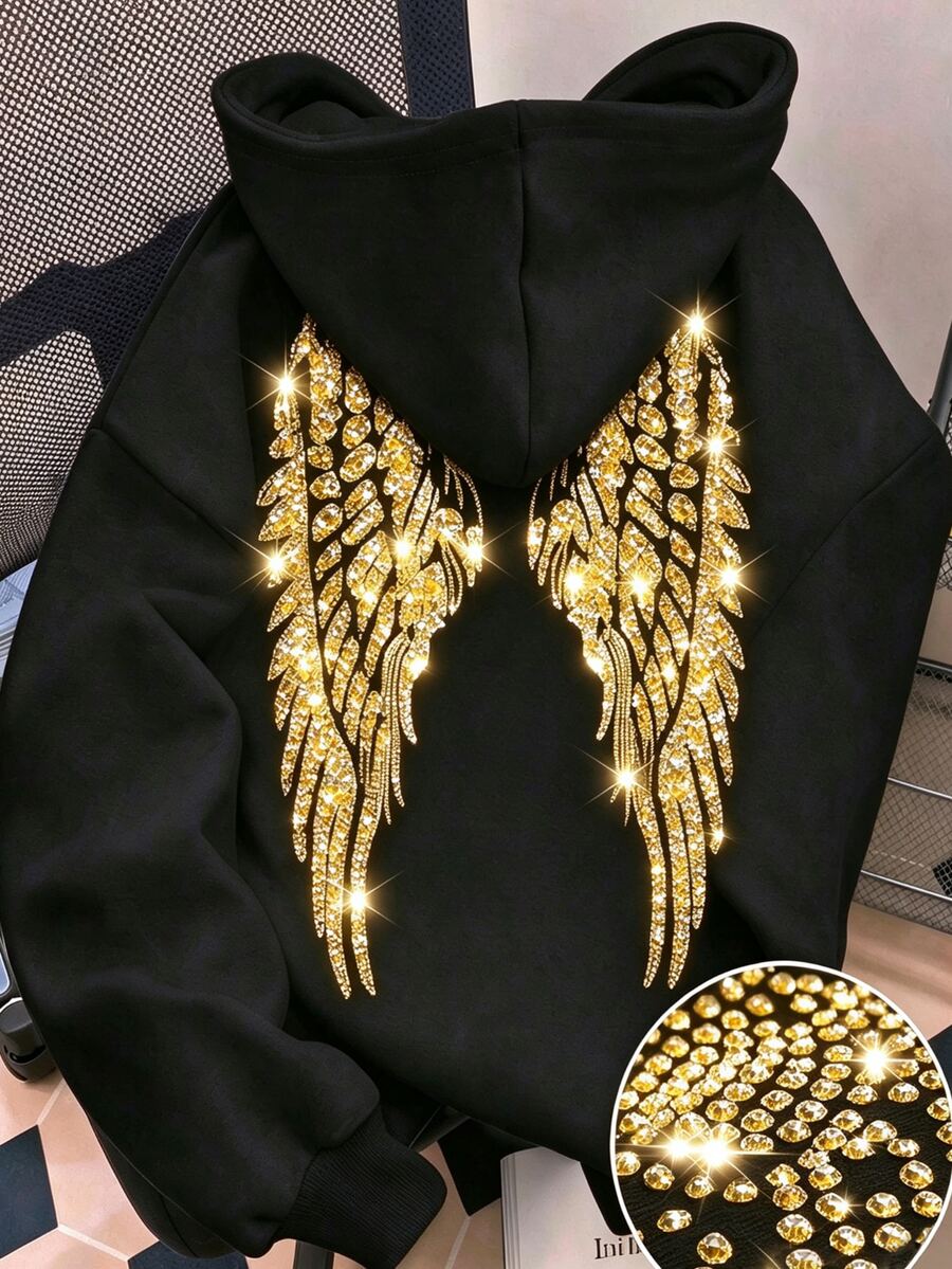 SHEIN 青少年女孩冬季長袖連帽寬鬆黑色運動衫,萬聖節派對 Groovy 風格街頭休閒穿搭 - 黑色 - 查看 1