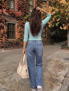 Comfortcana 女款蕾絲拼接休閒優雅百搭日常穿著T恤，秋季上班Y2K上衣，百搭薄荷綠 - 薄荷綠 - 查看 2