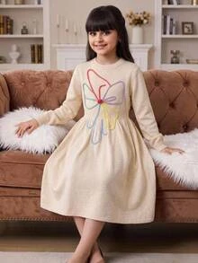 SHEIN Tween Girls Sweater Dresses Kids Casual Sweet Flowers Mid-Length Dress, Autumn/Winter - Apricot - View 1