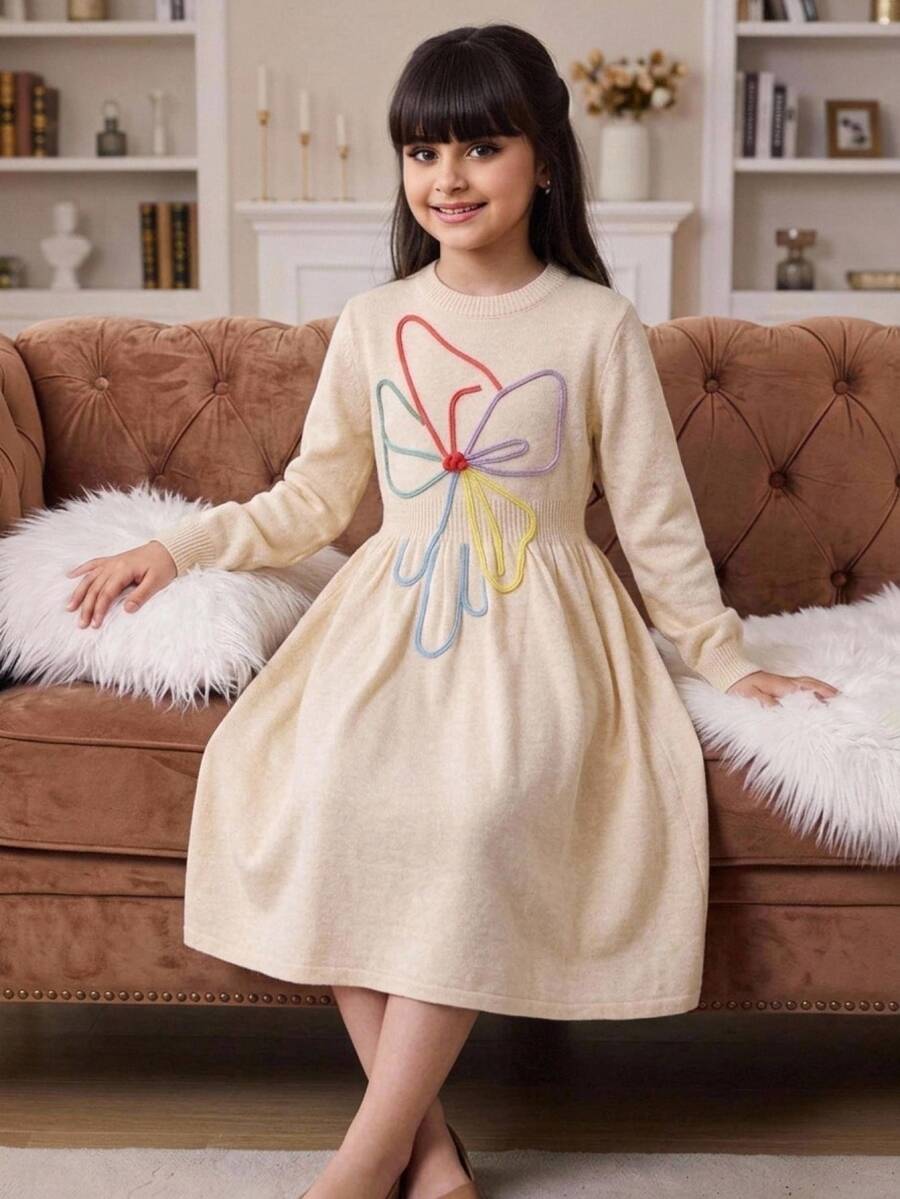 SHEIN Tween Girls Sweater Dresses Kids Casual Sweet Flowers Mid-Length Dress, Autumn/Winter - Apricot - View 1