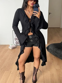 Coolane Women's Plus Size Fall Winter Elegant Sexy Party Evening Formal Vacation Going Out Club Y2k Gyaru Ruffle Ribbon Black Long Coat Halloween - Black - View 2