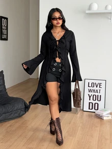Coolane Women's Plus Size Fall Winter Elegant Sexy Party Evening Formal Vacation Going Out Club Y2k Gyaru Ruffle Ribbon Black Long Coat Halloween - Black - View 5
