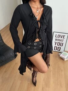 Coolane Women's Plus Size Fall Winter Elegant Sexy Party Evening Formal Vacation Going Out Club Y2k Gyaru Ruffle Ribbon Black Long Coat Halloween - Black - View 6