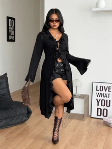 Coolane Women's Plus Size Fall Winter Elegant Sexy Party Evening Formal Vacation Going Out Club Y2k Gyaru Ruffle Ribbon Black Long Coat Halloween - Black - View 7