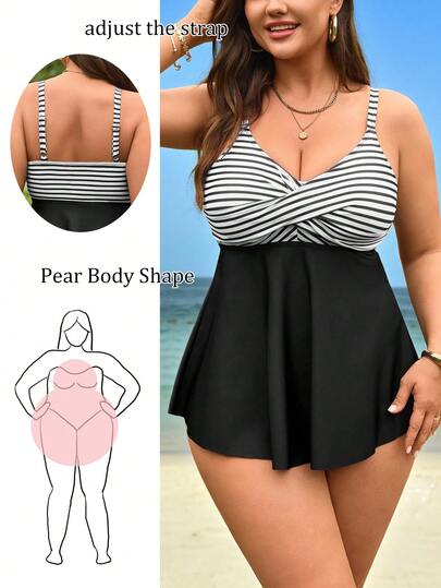 SHEIN Swim Curve طقم ملابس سباحة نسائي مقاس كبير من قطعتين، توب كامي بطبعة مخططة وسروال بيكيني مثلث بخصر عالي، بنقشة مربعات باللونين الأسود والأبيض، صيفي مريح للشاطئ والعطلات