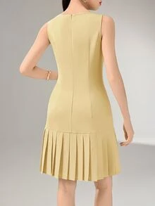 Heiryn Sophisticated Light Yellow Sleeveless Midi Dress For Women Featuring Side Buttons And Pleats Brunch Summer French Elegant - Yellow - View 5