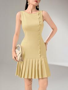Heiryn Sophisticated Light Yellow Sleeveless Midi Dress For Women Featuring Side Buttons And Pleats Brunch Summer French Elegant - Yellow - View 7