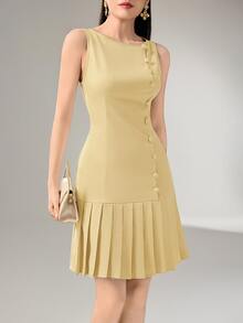 Heiryn Sophisticated Light Yellow Sleeveless Midi Dress For Women Featuring Side Buttons And Pleats Brunch Summer French Elegant - Yellow - View 10