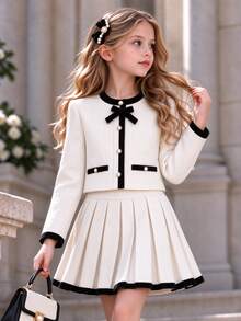 SHEIN 青少年女孩粗花呢夾克百褶裙套裝，對比飾邊蝴蝶結設計，學院風可愛西式秋季穿搭，黑白配色，適合家庭與校園 - 白色 - 查看 5