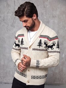 Manfinity Homme 男士聖誕休閒寬鬆版型大翻領長袖開襟衫，保暖家庭氛圍，親子情侶款，老錢風 - 米色 - 查看 5