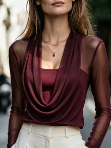 SHEIN تي شيرت نسائي بياقة عالية وأكمام طويلة من الصوف المحبوك مع حواف شبكية باللون العنابي، مناسب للتنقل والحفلات، أسلوب جديد للخريف/الشتاء - عنابي اللون - مشاهدة 1