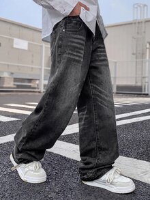 SHEIN Tween Boy Fashion Casual Y2k Black Loose And Comfortable Basic Jeans For Black To School Kids - Blue - View 3