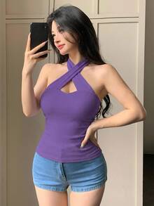 Joudiya Women's Solid Color Sleeveless Wrap Front Crop Top Halter Top Going Out Tops - Purple - View 6