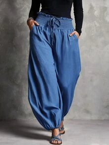 Linhara CURVE Plus Size European & American Spring/Summer Thin Elastic Waist Loose Comfortable Cool Solid Color Minimalist Casual Straight Leg Pants For Women Fall - Blue - View 9