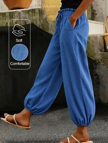 Linhara CURVE Plus Size European & American Spring/Summer Thin Elastic Waist Loose Comfortable Cool Solid Color Minimalist Casual Straight Leg Pants For Women Fall - Blue - View 13