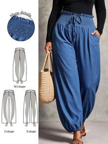 Linhara CURVE Plus Size European & American Spring/Summer Thin Elastic Waist Loose Comfortable Cool Solid Color Minimalist Casual Straight Leg Pants For Women Fall - Blue - View 12