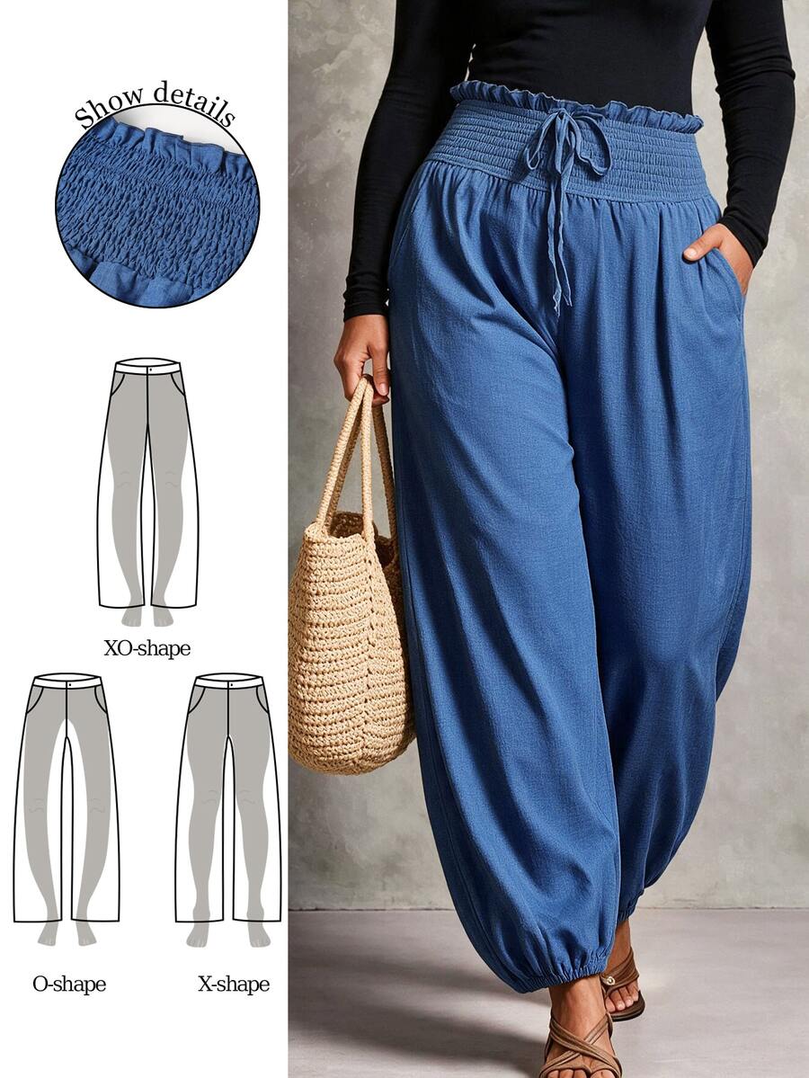 Linhara CURVE Plus Size European & American Spring/Summer Thin Elastic Waist Loose Comfortable Cool Solid Color Minimalist Casual Straight Leg Pants For Women Fall - Blue - View 1