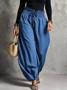 Linhara CURVE Plus Size European & American Spring/Summer Thin Elastic Waist Loose Comfortable Cool Solid Color Minimalist Casual Straight Leg Pants For Women Fall - Blue - View 8