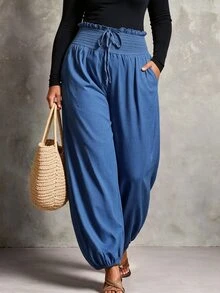 Linhara CURVE Plus Size European & American Spring/Summer Thin Elastic Waist Loose Comfortable Cool Solid Color Minimalist Casual Straight Leg Pants For Women Fall - Blue - View 6