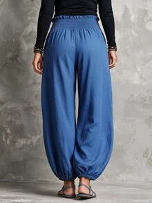 Linhara CURVE Plus Size European & American Spring/Summer Thin Elastic Waist Loose Comfortable Cool Solid Color Minimalist Casual Straight Leg Pants For Women Fall - Blue - View 2