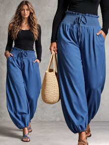 Linhara CURVE Plus Size European & American Spring/Summer Thin Elastic Waist Loose Comfortable Cool Solid Color Minimalist Casual Straight Leg Pants For Women Fall - Blue - View 1