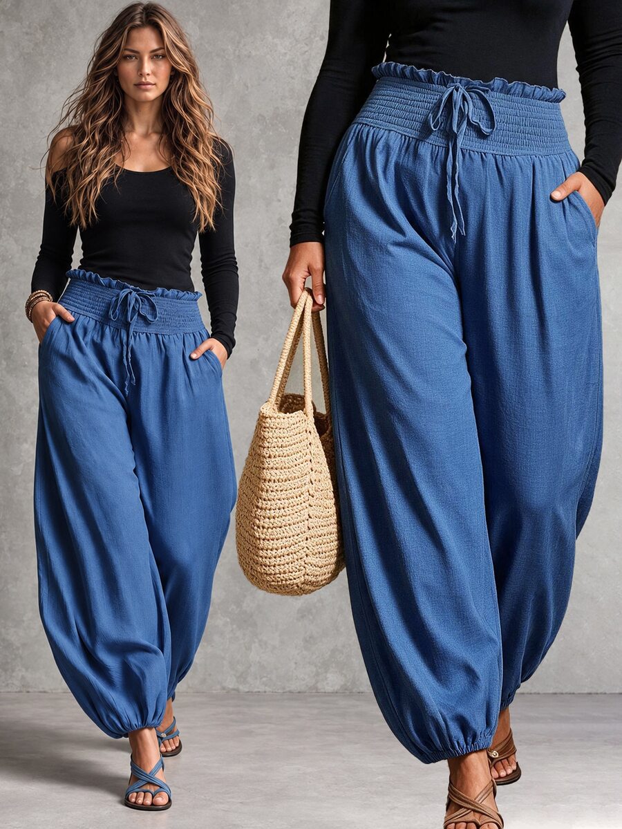 Linhara CURVE Plus Size European & American Spring/Summer Thin Elastic Waist Loose Comfortable Cool Solid Color Minimalist Casual Straight Leg Pants For Women Fall - Blue - View 1