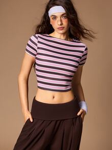 VARSIVA Women's Round Neck Striped Pattern Open Back Sports T-Shirt - Multicolor - View 7