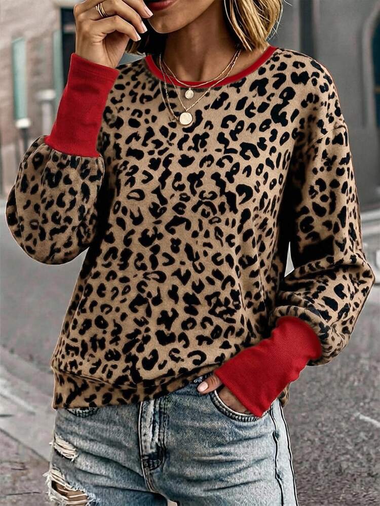 SHEIN LUNE بلوزة رياضية بأكمام خفاشية وطباعة نمر وألوان متباينة، موسم التخرج، عيد المعلم، العودة إلى المدرسة، خريف/شتاء، ملابس علوية طويلة الأكمام للنساء - متعدد الألوان - مشاهدة 1