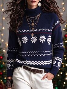 SHEIN Women Vintage Retro Casual Fair Isle Snowflake Jacquard Knit Pullover French Style Small Stand Collar Raglan Sleeve Fall Christmas Sweater Navy Blue - Navy Blue - View 3